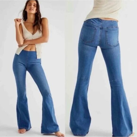 FREE PEOPLE Penny Pull-On Flare Jeans Riviera Blue Sz 28 {3C21} - Picture 1 of 5